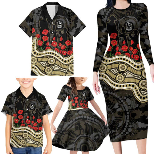 Collingwood Magpies ANZAC Day Family Matching Long Sleeve Bodycon Dress and Hawaiian Shirt Indigenous Dot Art with Poppy Flower Tribute