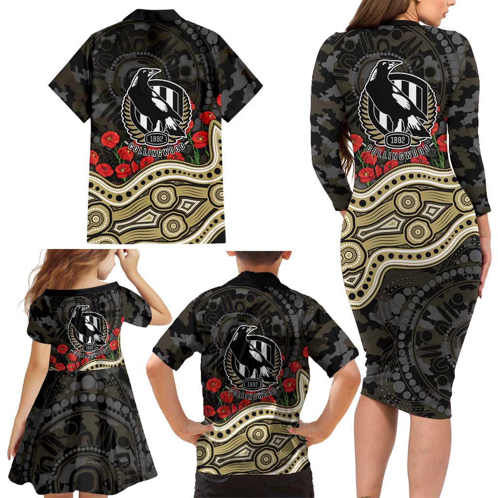 Collingwood Magpies ANZAC Day Family Matching Long Sleeve Bodycon Dress and Hawaiian Shirt Indigenous Dot Art with Poppy Flower Tribute