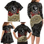Collingwood Magpies ANZAC Day Family Matching Long Sleeve Bodycon Dress and Hawaiian Shirt Indigenous Dot Art with Poppy Flower Tribute