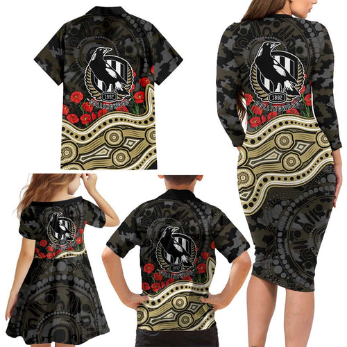 Collingwood Magpies ANZAC Day Family Matching Long Sleeve Bodycon Dress and Hawaiian Shirt Indigenous Dot Art with Poppy Flower Tribute