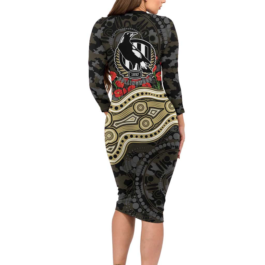 Collingwood Magpies ANZAC Day Family Matching Long Sleeve Bodycon Dress and Hawaiian Shirt Indigenous Dot Art with Poppy Flower Tribute