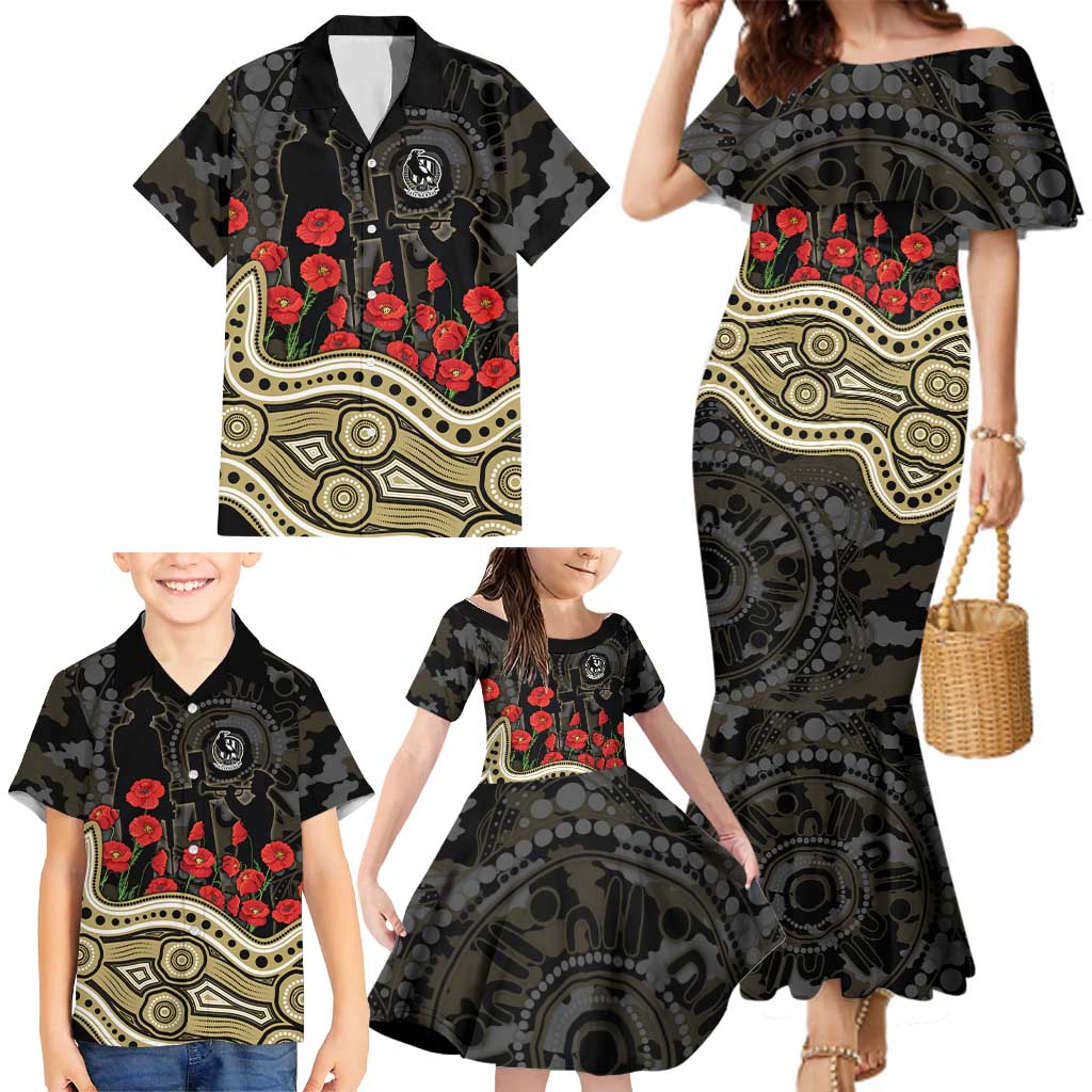 Collingwood Magpies ANZAC Day Family Matching Mermaid Dress and Hawaiian Shirt Indigenous Dot Art with Poppy Flower Tribute