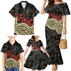 Collingwood Magpies ANZAC Day Family Matching Mermaid Dress and Hawaiian Shirt Indigenous Dot Art with Poppy Flower Tribute