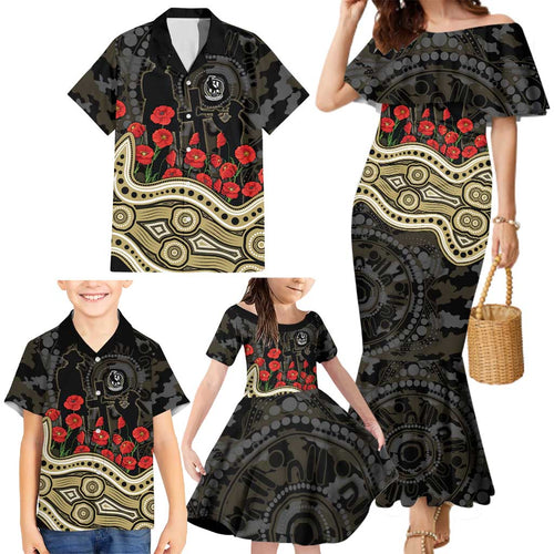 Collingwood Magpies ANZAC Day Family Matching Mermaid Dress and Hawaiian Shirt Indigenous Dot Art with Poppy Flower Tribute