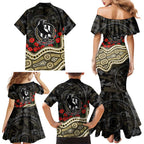 Collingwood Magpies ANZAC Day Family Matching Mermaid Dress and Hawaiian Shirt Indigenous Dot Art with Poppy Flower Tribute