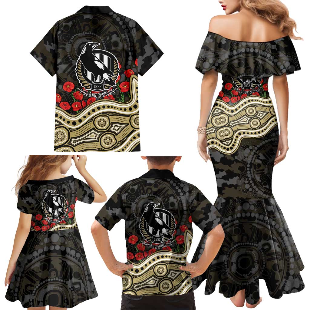 Collingwood Magpies ANZAC Day Family Matching Mermaid Dress and Hawaiian Shirt Indigenous Dot Art with Poppy Flower Tribute