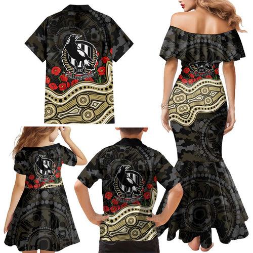 Collingwood Magpies ANZAC Day Family Matching Mermaid Dress and Hawaiian Shirt Indigenous Dot Art with Poppy Flower Tribute