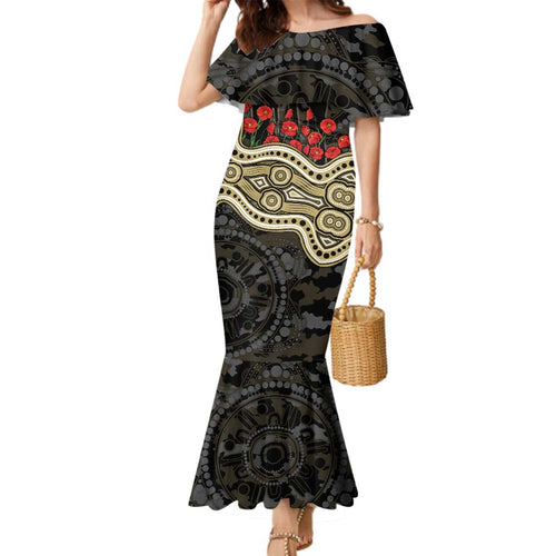 Collingwood Magpies ANZAC Day Family Matching Mermaid Dress and Hawaiian Shirt Indigenous Dot Art with Poppy Flower Tribute