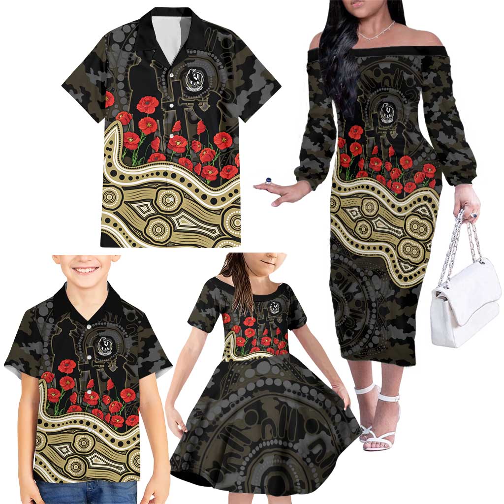 Collingwood Magpies ANZAC Day Family Matching Off The Shoulder Long Sleeve Dress and Hawaiian Shirt Indigenous Dot Art with Poppy Flower Tribute