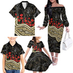 Collingwood Magpies ANZAC Day Family Matching Off The Shoulder Long Sleeve Dress and Hawaiian Shirt Indigenous Dot Art with Poppy Flower Tribute
