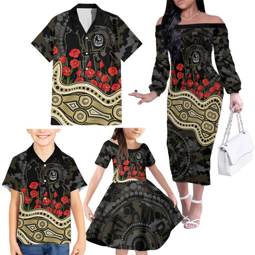 Collingwood Magpies ANZAC Day Family Matching Off The Shoulder Long Sleeve Dress and Hawaiian Shirt Indigenous Dot Art with Poppy Flower Tribute