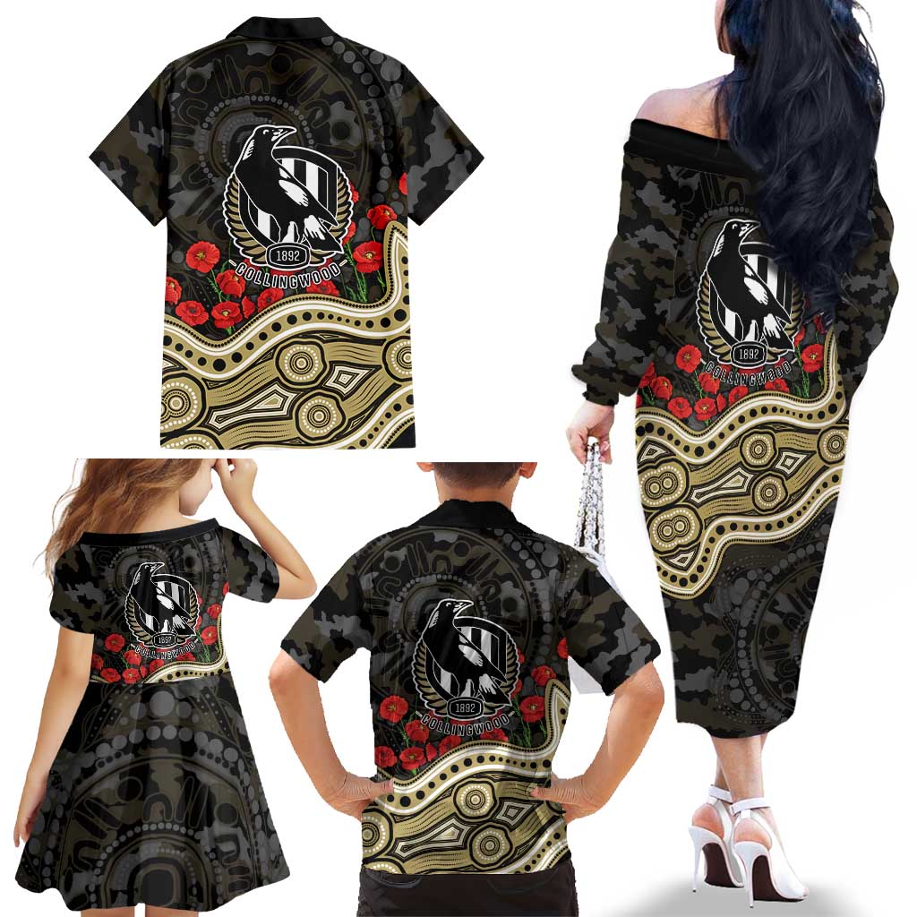 Collingwood Magpies ANZAC Day Family Matching Off The Shoulder Long Sleeve Dress and Hawaiian Shirt Indigenous Dot Art with Poppy Flower Tribute