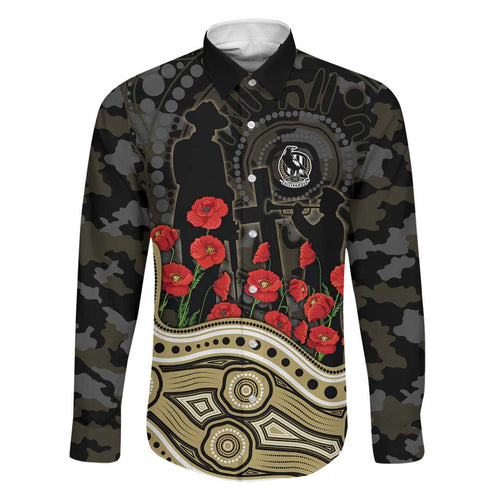Collingwood Magpies ANZAC Day Family Matching Off The Shoulder Long Sleeve Dress and Hawaiian Shirt Indigenous Dot Art with Poppy Flower Tribute