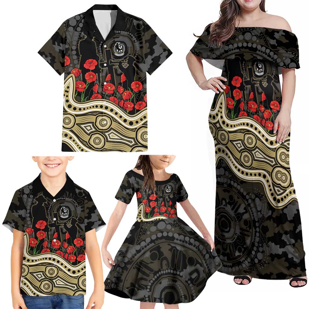 Collingwood Magpies ANZAC Day Family Matching Off Shoulder Maxi Dress and Hawaiian Shirt Indigenous Dot Art with Poppy Flower Tribute