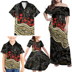 Collingwood Magpies ANZAC Day Family Matching Off Shoulder Maxi Dress and Hawaiian Shirt Indigenous Dot Art with Poppy Flower Tribute
