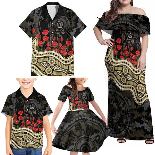 Collingwood Magpies ANZAC Day Family Matching Off Shoulder Maxi Dress and Hawaiian Shirt Indigenous Dot Art with Poppy Flower Tribute
