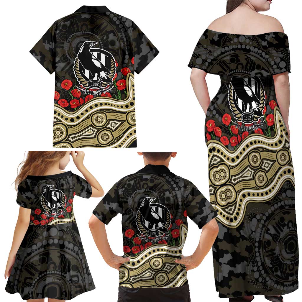 Collingwood Magpies ANZAC Day Family Matching Off Shoulder Maxi Dress and Hawaiian Shirt Indigenous Dot Art with Poppy Flower Tribute