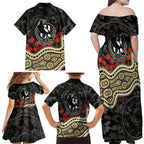 Collingwood Magpies ANZAC Day Family Matching Off Shoulder Maxi Dress and Hawaiian Shirt Indigenous Dot Art with Poppy Flower Tribute