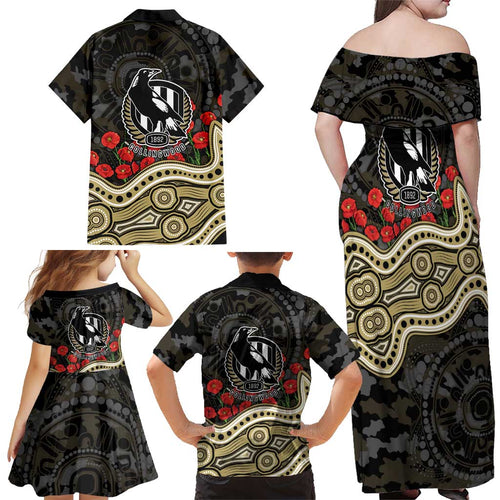 Collingwood Magpies ANZAC Day Family Matching Off Shoulder Maxi Dress and Hawaiian Shirt Indigenous Dot Art with Poppy Flower Tribute