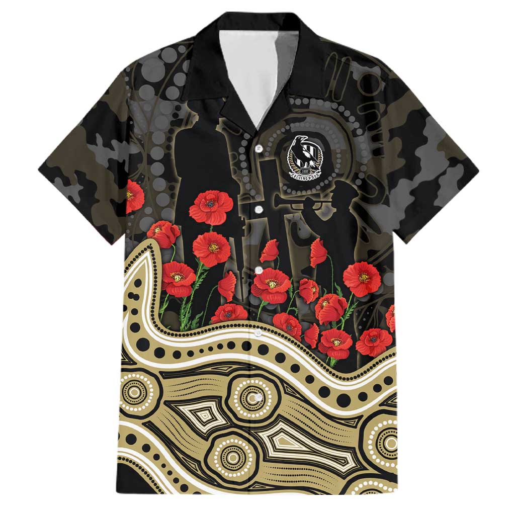 Collingwood Magpies ANZAC Day Family Matching Off Shoulder Maxi Dress and Hawaiian Shirt Indigenous Dot Art with Poppy Flower Tribute