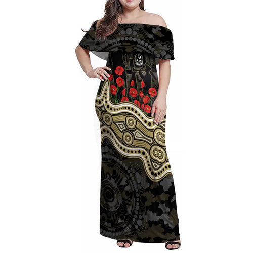 Collingwood Magpies ANZAC Day Family Matching Off Shoulder Maxi Dress and Hawaiian Shirt Indigenous Dot Art with Poppy Flower Tribute