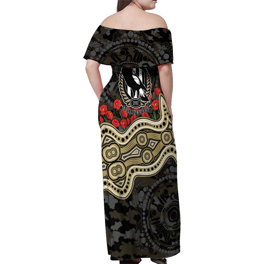 Collingwood Magpies ANZAC Day Family Matching Off Shoulder Maxi Dress and Hawaiian Shirt Indigenous Dot Art with Poppy Flower Tribute