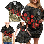Collingwood Magpies ANZAC Day Family Matching Off Shoulder Short Dress and Hawaiian Shirt Indigenous Dot Art with Poppy Flower Tribute