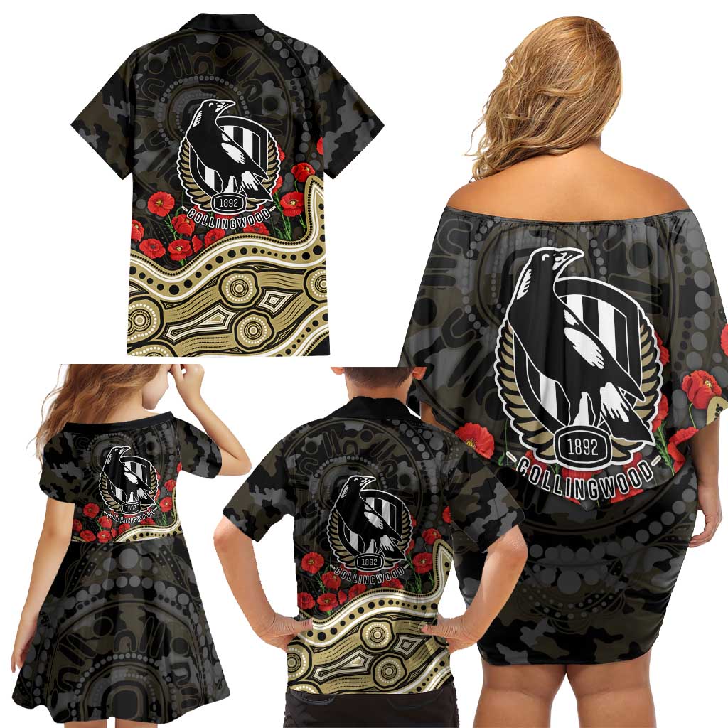 Collingwood Magpies ANZAC Day Family Matching Off Shoulder Short Dress and Hawaiian Shirt Indigenous Dot Art with Poppy Flower Tribute