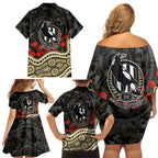 Collingwood Magpies ANZAC Day Family Matching Off Shoulder Short Dress and Hawaiian Shirt Indigenous Dot Art with Poppy Flower Tribute