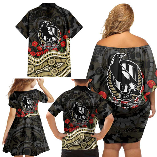 Collingwood Magpies ANZAC Day Family Matching Off Shoulder Short Dress and Hawaiian Shirt Indigenous Dot Art with Poppy Flower Tribute