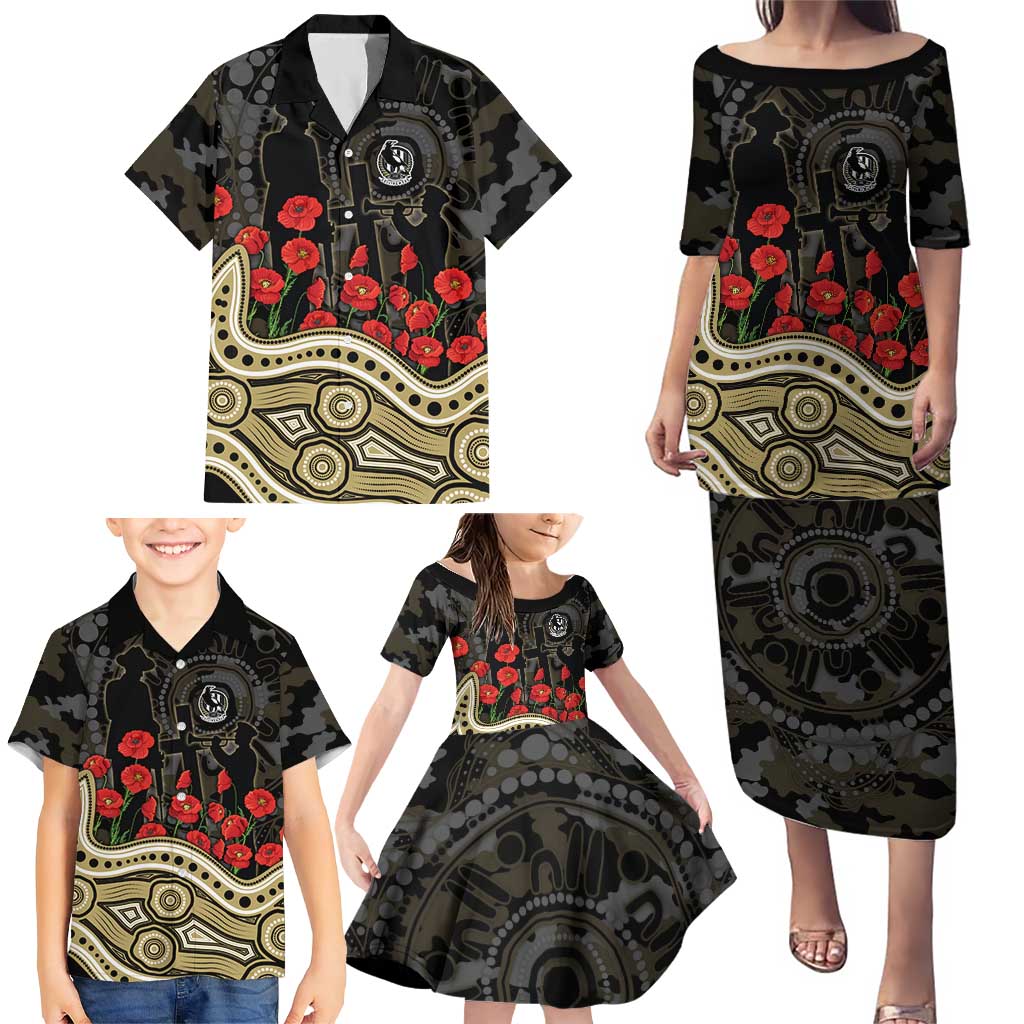 Collingwood Magpies ANZAC Day Family Matching Puletasi and Hawaiian Shirt Indigenous Dot Art with Poppy Flower Tribute