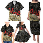Collingwood Magpies ANZAC Day Family Matching Puletasi and Hawaiian Shirt Indigenous Dot Art with Poppy Flower Tribute