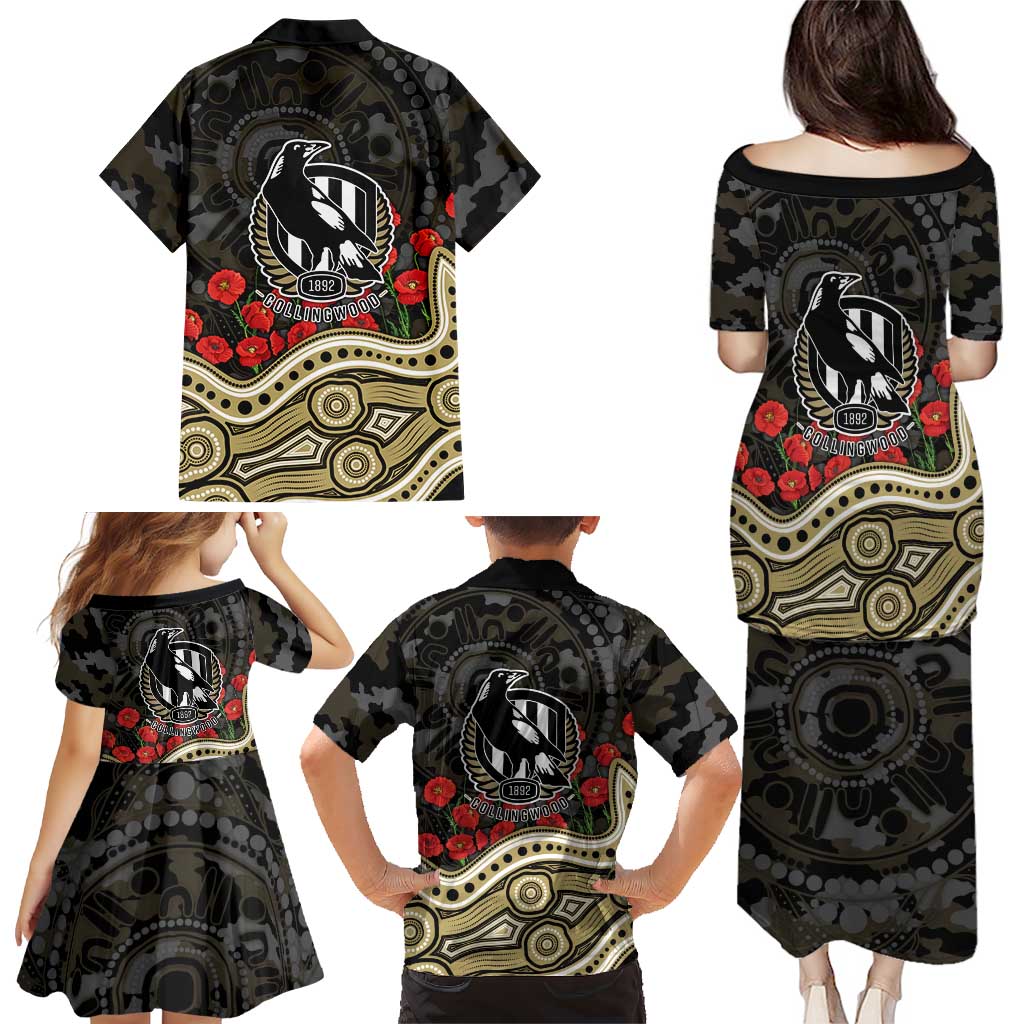 Collingwood Magpies ANZAC Day Family Matching Puletasi and Hawaiian Shirt Indigenous Dot Art with Poppy Flower Tribute