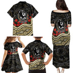 Collingwood Magpies ANZAC Day Family Matching Puletasi and Hawaiian Shirt Indigenous Dot Art with Poppy Flower Tribute
