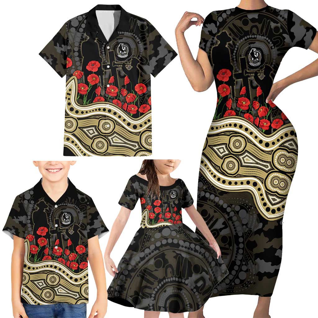 Collingwood Magpies ANZAC Day Family Matching Short Sleeve Bodycon Dress and Hawaiian Shirt Indigenous Dot Art with Poppy Flower Tribute