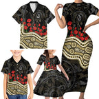 Collingwood Magpies ANZAC Day Family Matching Short Sleeve Bodycon Dress and Hawaiian Shirt Indigenous Dot Art with Poppy Flower Tribute