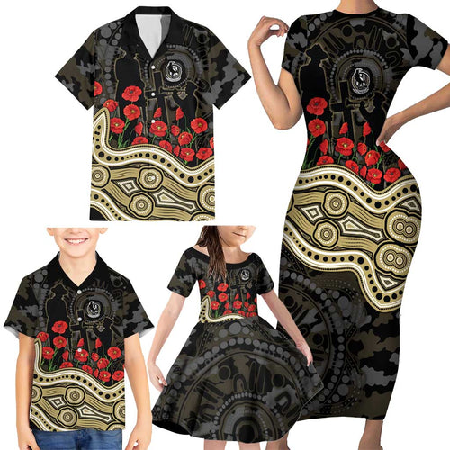 Collingwood Magpies ANZAC Day Family Matching Short Sleeve Bodycon Dress and Hawaiian Shirt Indigenous Dot Art with Poppy Flower Tribute