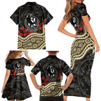 Collingwood Magpies ANZAC Day Family Matching Short Sleeve Bodycon Dress and Hawaiian Shirt Indigenous Dot Art with Poppy Flower Tribute