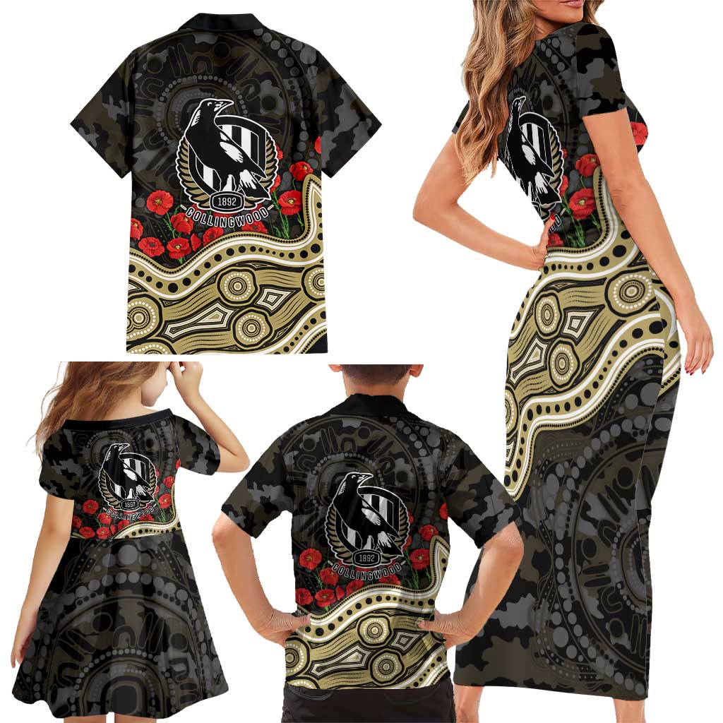 Collingwood Magpies ANZAC Day Family Matching Short Sleeve Bodycon Dress and Hawaiian Shirt Indigenous Dot Art with Poppy Flower Tribute