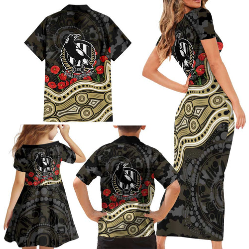 Collingwood Magpies ANZAC Day Family Matching Short Sleeve Bodycon Dress and Hawaiian Shirt Indigenous Dot Art with Poppy Flower Tribute