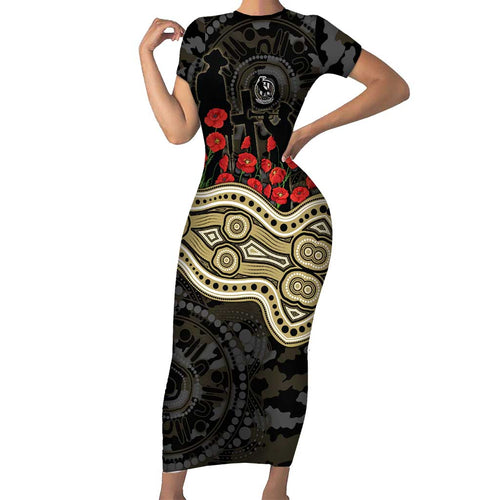 Collingwood Magpies ANZAC Day Family Matching Short Sleeve Bodycon Dress and Hawaiian Shirt Indigenous Dot Art with Poppy Flower Tribute
