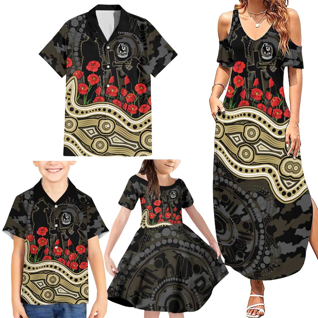 Collingwood Magpies ANZAC Day Family Matching Summer Maxi Dress and Hawaiian Shirt Indigenous Dot Art with Poppy Flower Tribute