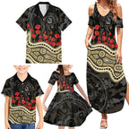 Collingwood Magpies ANZAC Day Family Matching Summer Maxi Dress and Hawaiian Shirt Indigenous Dot Art with Poppy Flower Tribute