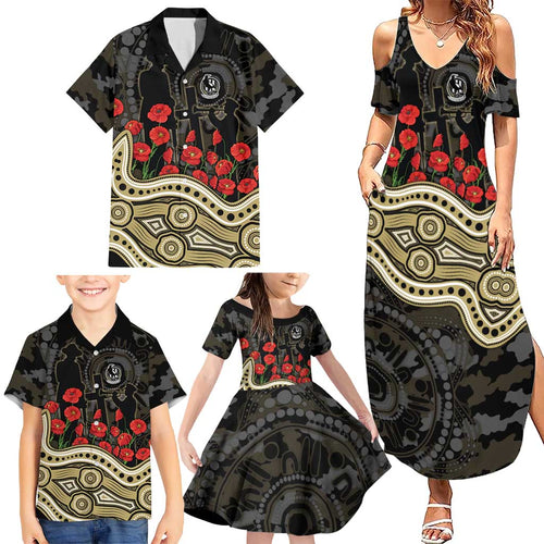 Collingwood Magpies ANZAC Day Family Matching Summer Maxi Dress and Hawaiian Shirt Indigenous Dot Art with Poppy Flower Tribute