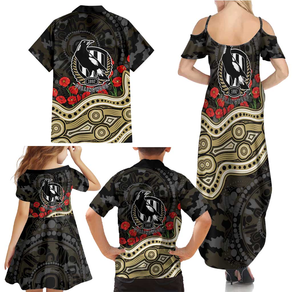 Collingwood Magpies ANZAC Day Family Matching Summer Maxi Dress and Hawaiian Shirt Indigenous Dot Art with Poppy Flower Tribute