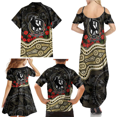 Collingwood Magpies ANZAC Day Family Matching Summer Maxi Dress and Hawaiian Shirt Indigenous Dot Art with Poppy Flower Tribute