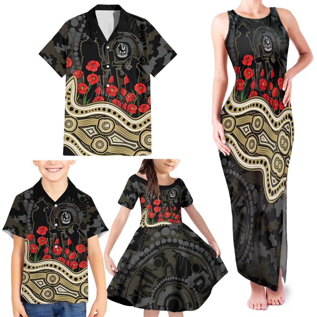 Collingwood Magpies ANZAC Day Family Matching Tank Maxi Dress and Hawaiian Shirt Indigenous Dot Art with Poppy Flower Tribute