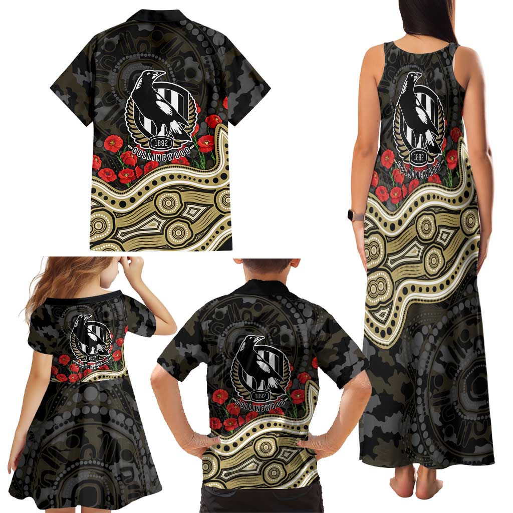 Collingwood Magpies ANZAC Day Family Matching Tank Maxi Dress and Hawaiian Shirt Indigenous Dot Art with Poppy Flower Tribute
