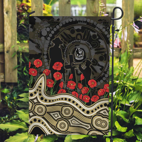 Collingwood Magpies ANZAC Day Garden Flag Indigenous Dot Art with Poppy Flower Tribute