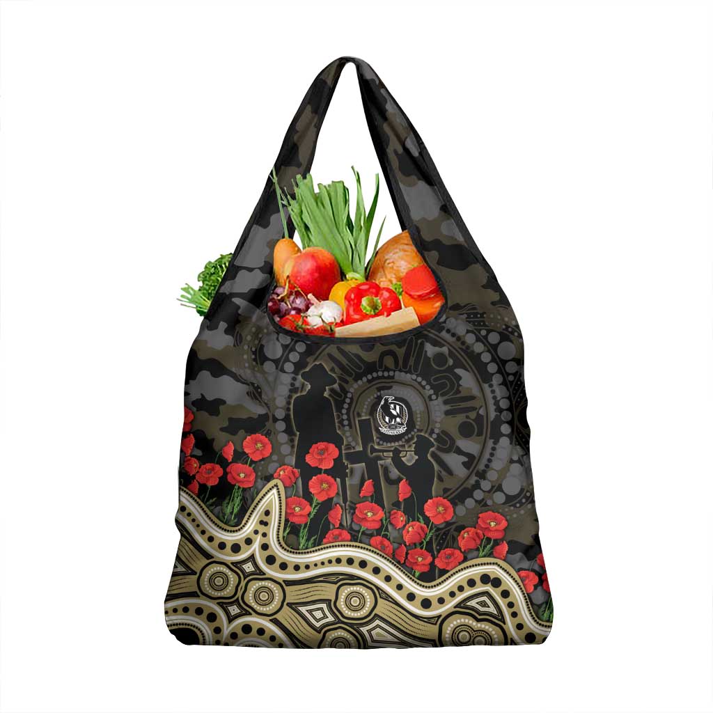 Collingwood Magpies ANZAC Day Grocery Bag Indigenous Dot Art with Poppy Flower Tribute